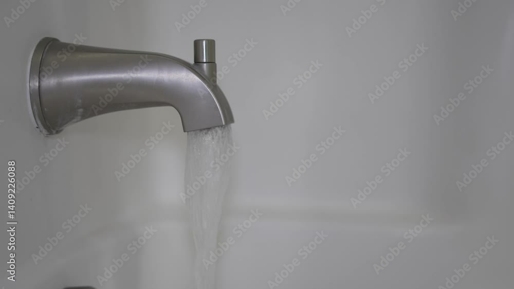 Closeup of a bathtub spout is turned on and off again, against white background