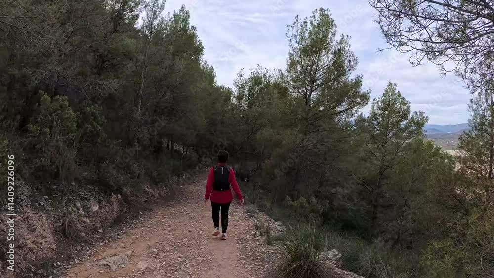 Timelapse of a person walking along a path in the mountains surrounded by greenery Timelapse of a person walking along a path in the mountains surrounded by greenery