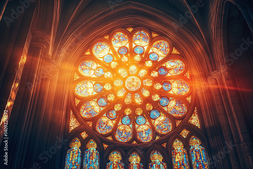 Symmetrical gothic rose window with central motif, stained glass detail glowing in natural light
