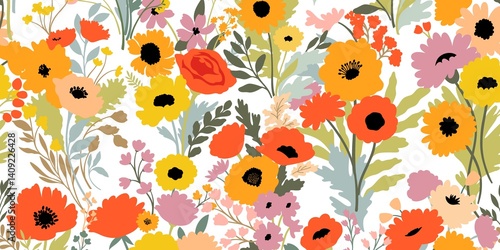Vibrant floral pattern with pops of color on a white background.