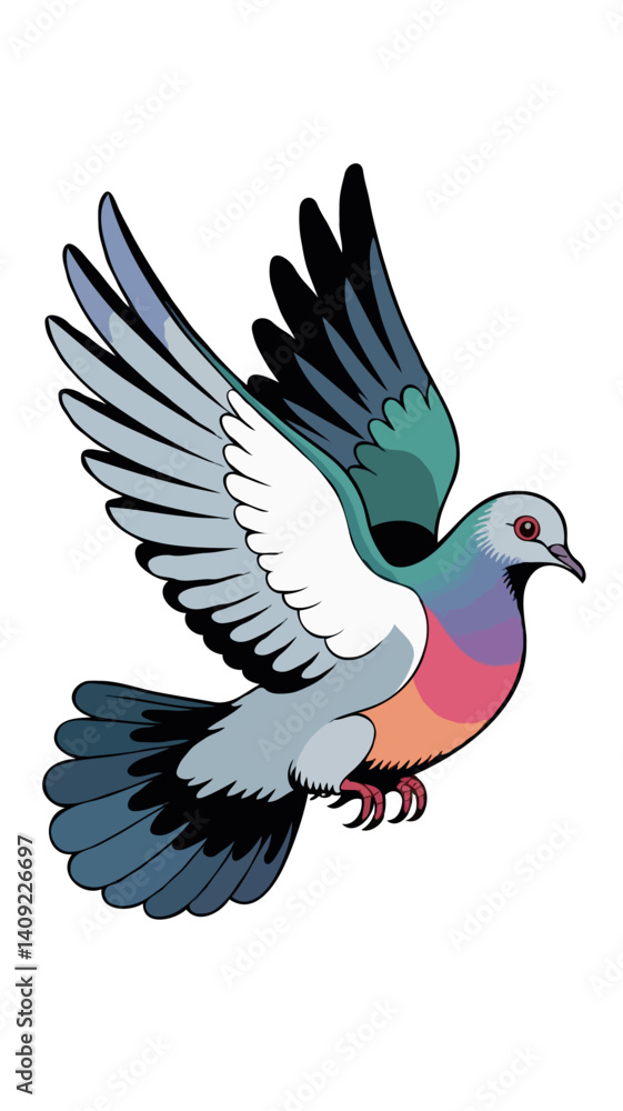 Obraz premium Colorful Vector Illustration of a Flying Pigeon with Spread Wings - Whimsical Bird Art & Cartoon Icon for Nature Lovers