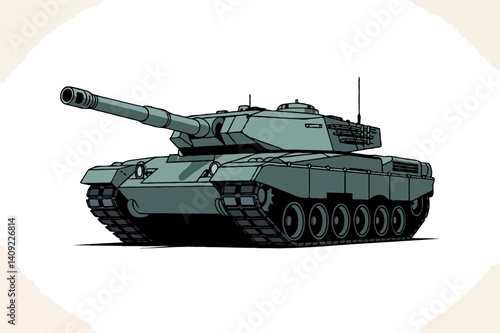 <Modern Military Tank Vehicle Illustration: Powerful Armored Combat Machine with Steel Artillery and Tactical Defense Design>