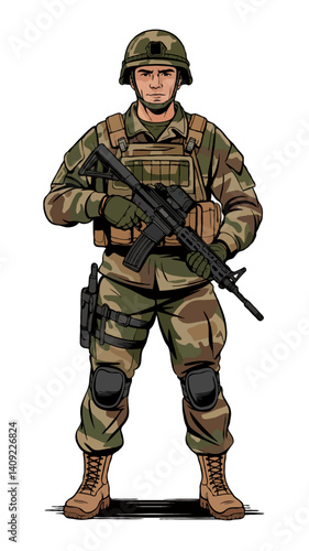 Military Soldier in Camouflage Uniform with Weapon Showcasing Determined Combat Readiness and Tactical Expertise