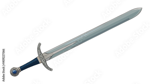 Ancient Medieval Sword: Luxurious Blue Gemstone Hilt and Ornate Steel Blade in Knight's Armory