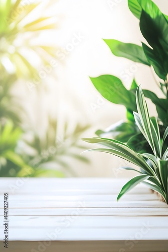 Green Plants on White Wooden Table Background