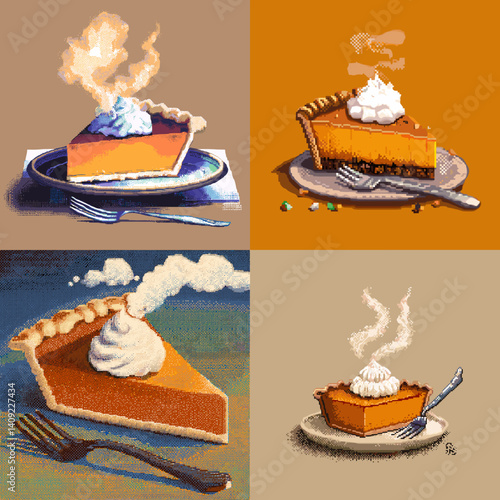 Set of four steaming pumpkin pie slices with whipped cream in pixel art style, served on plates with forks, perfect for autumn, Thanksgiving, food art, and cozy seasonal designs.

