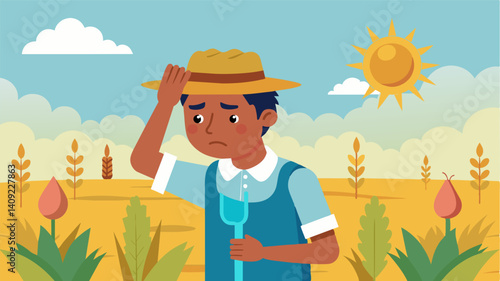 Perspiration dripped down the farmers forehead as he checked the thermometer cursing the unrelenting heat that was slowly destroying his carefully tended crop.. Vector illustration
