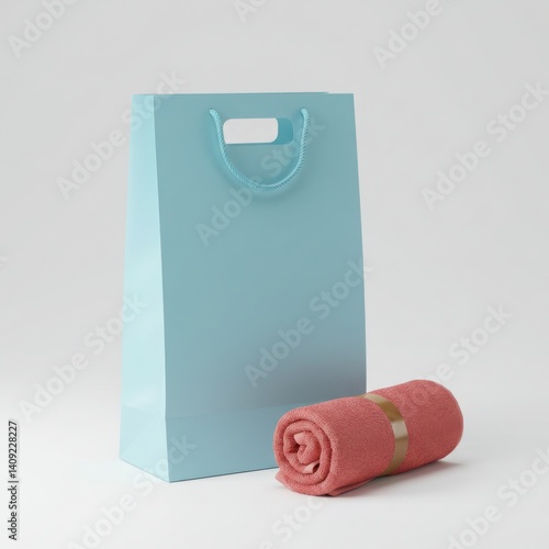 Aqua shopping bag and coral towel product presentation