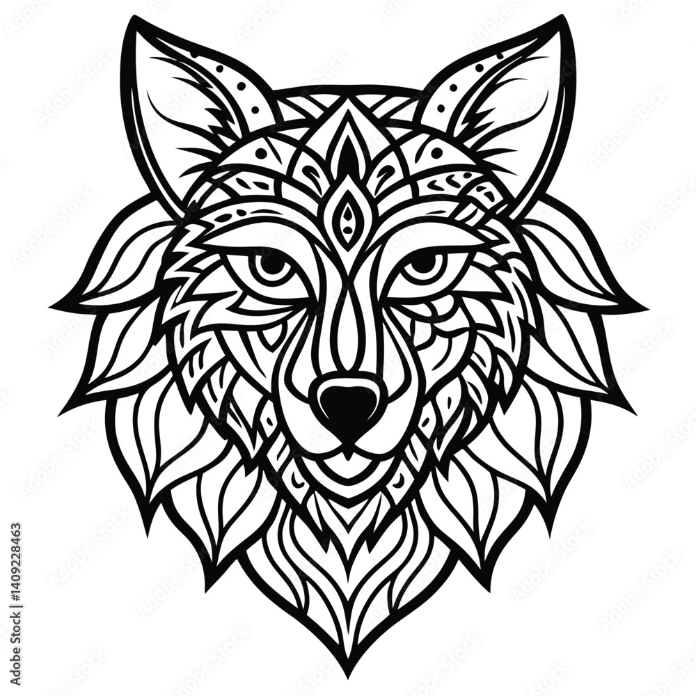 Fototapeta premium This wild wolf head vector art showcases a tribal tattoo design, ideal as a strong animal mascot illustration