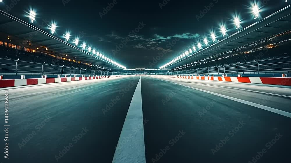 Nighttime Racing Track with Bright Lights and Empty Roadway Perspective Nighttime Racing Track with Bright Lights and Empty Roadway Perspective