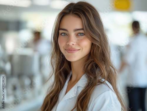 Smiling Female Medical Professional in a White Coat: Portrait of a Confident Young Healthcare Student in a Modern Hospital Setting