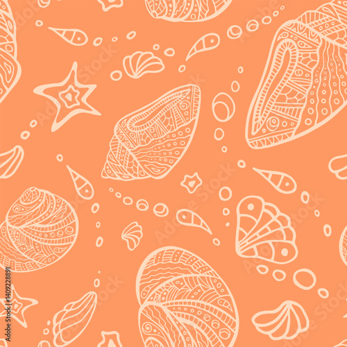 Pastel orange Polynesian shell random repeat seamless pattern. Zendoodle conch endless texture. Maori sea irregular boundless background. Tribal ocean surface design. Sea creatures chaotic ornament.