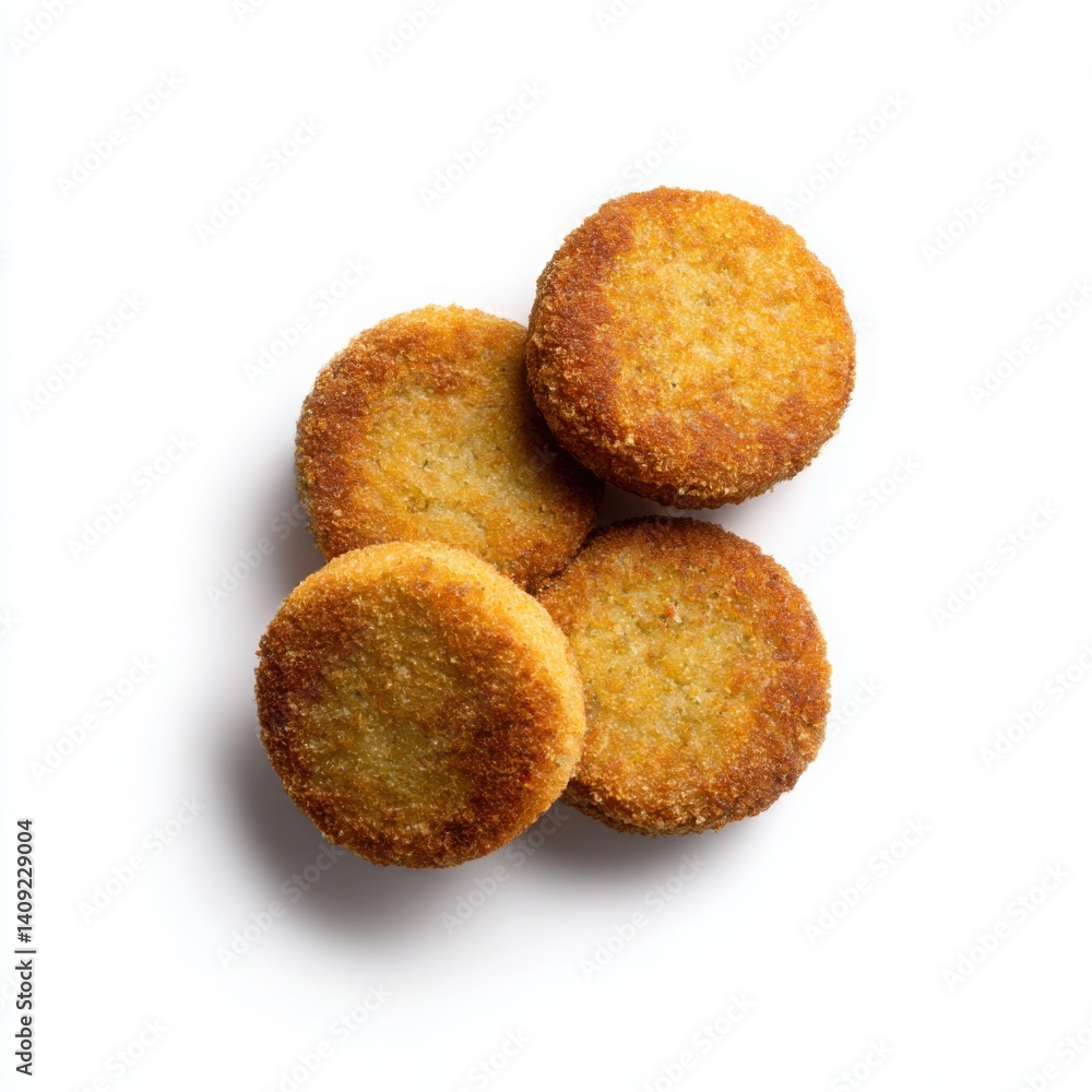 Four golden brown, breaded patties are arranged on a white background Four golden brown, breaded patties are arranged on a white background