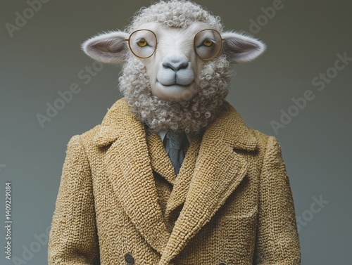 Quirky Sheep in Glasses Wearing Vintage Menswear: Humorous and Stylish Animal Portrait Illustration