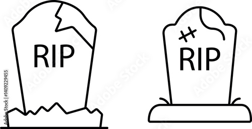 "Halloween Tombstone Icons Set: Creepy Line Art for Spooky and Haunted Themes"
