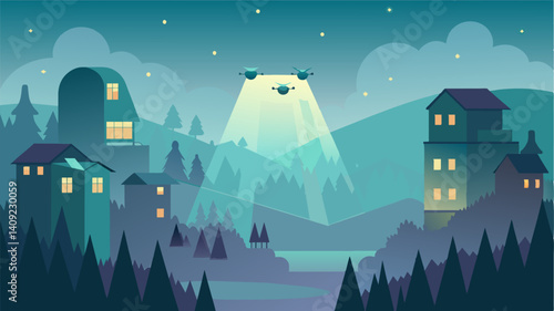 On a foggy morning the eVTOLs light up the sky as they fly in and out of the resort their bright LED lights ting through the misty air.. Vector illustration