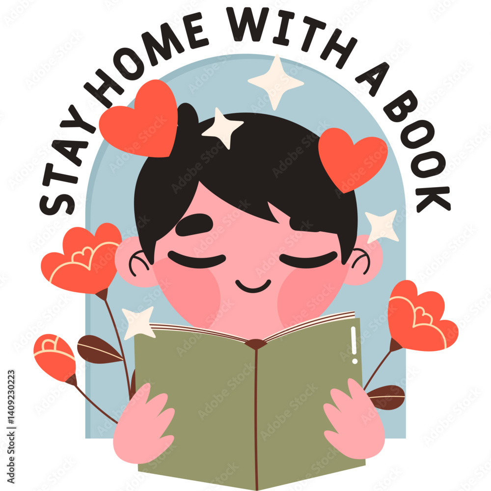 vector illustration of a character reading a book and a text of stay home with a book vector illustration of a character reading a book and a text of stay home with a book