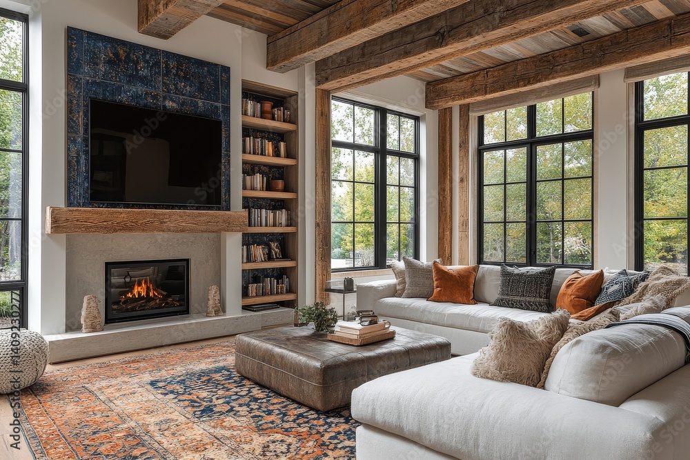 Fototapeta premium Cozy modern farmhouse living room with fireplace, built-in bookshelves, blue accent wall and wooden ceiling beams