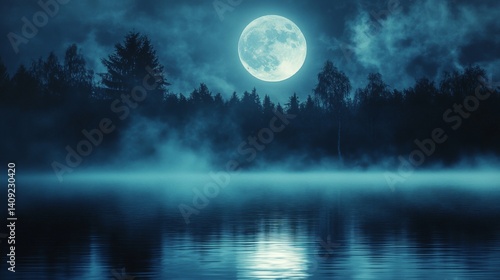 Full moon over a misty lake with silhouetted trees. Perfect for spooky Halloween or mystery themes.