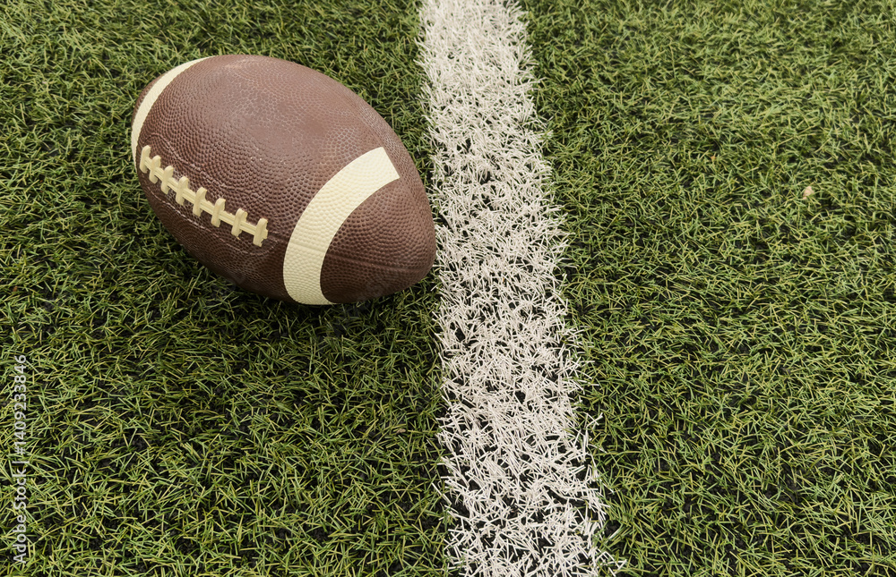 American football ball on green grass field background.