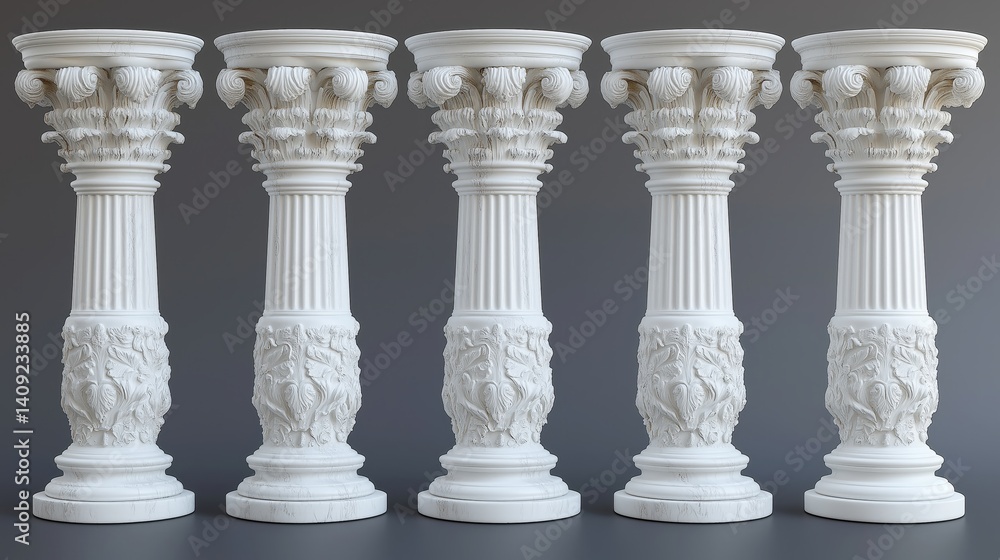 Fototapeta premium Classic Marble Column Architecture: Ornate Greek and Roman Design with Symmetrical Pillars and Decorative Sculptures