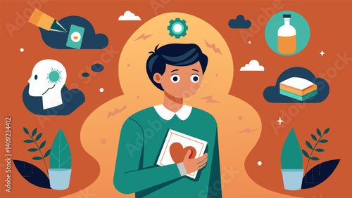 Through a series of creative prompts a student uncovers buried memories and traumas and begins to heal through their artwork.. Vector illustration