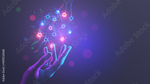 Neural network scheme above scientist hand. Artificial neural networks, ANN. Abstract simple graphics scheme of neural machine mind with AI. Artificial intelligence, cybernetic net. Education AI.