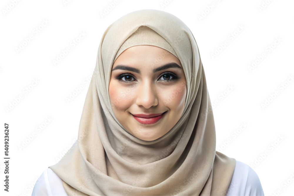 Naklejka premium Headshot of a woman in a light colored hijab with a friendly expression, suitable for various visual projects