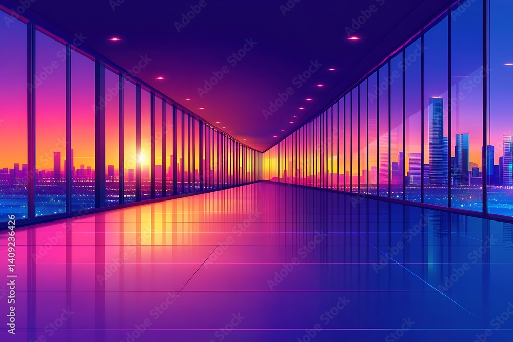Futuristic cityscape view from modern corridor at twilight time scene Futuristic cityscape view from modern corridor at twilight time scene