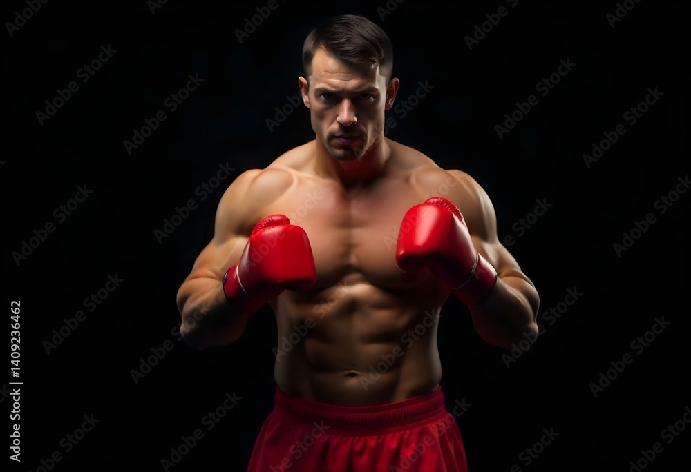 A muscular athlete in red boxing gloves and matching red shorts stands in a fierce fighting stance, ready for action. Set against a dark background, the focus is on the boxer’s powerful physique and d A muscular athlete in red boxing gloves and matching red shorts stands in a fierce fighting stance, ready for action. Set against a dark background, the focus is on the boxer’s powerful physique and d