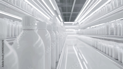 The image shows a perspective view down a long retail aisle. The shelves are stocked with numerous identical white bottles or containers, creating a sense of repetition and symmetry.  The lighting