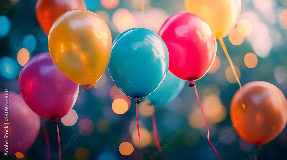 Colorful Balloons Floating Upwards with Bokeh Background Festive Celebration Theme Colorful Balloons Floating Upwards with Bokeh Background Festive Celebration Theme