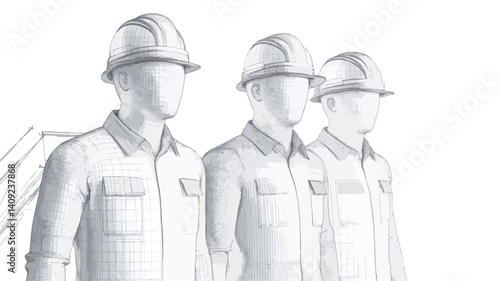 The image is a monochrome sketch-style illustration depicting three faceless individuals wearing hard hats and work shirts. They appear to be construction workers standing in a row