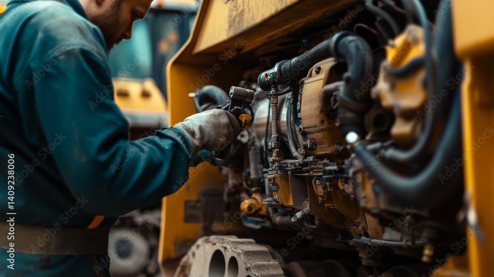 Heavy equipment mechanic inspecting a bulldozer engine. Featuring technical expertise Heavy equipment mechanic inspecting a bulldozer engine. Featuring technical expertise