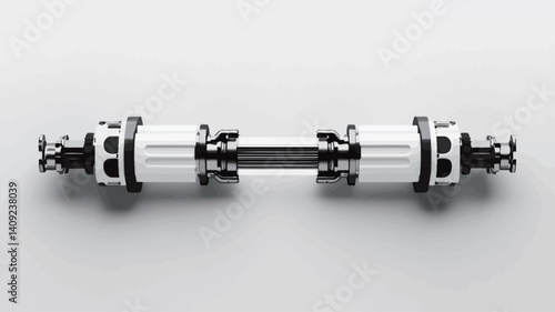 High-angle, close-up view of a symmetrical mechanical component. The object is predominantly white with black accents, appearing to be made of metal. It consists of two cylindrical ends with