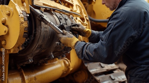 Heavy equipment mechanic inspecting a bulldozer engine. Featuring technical expertise