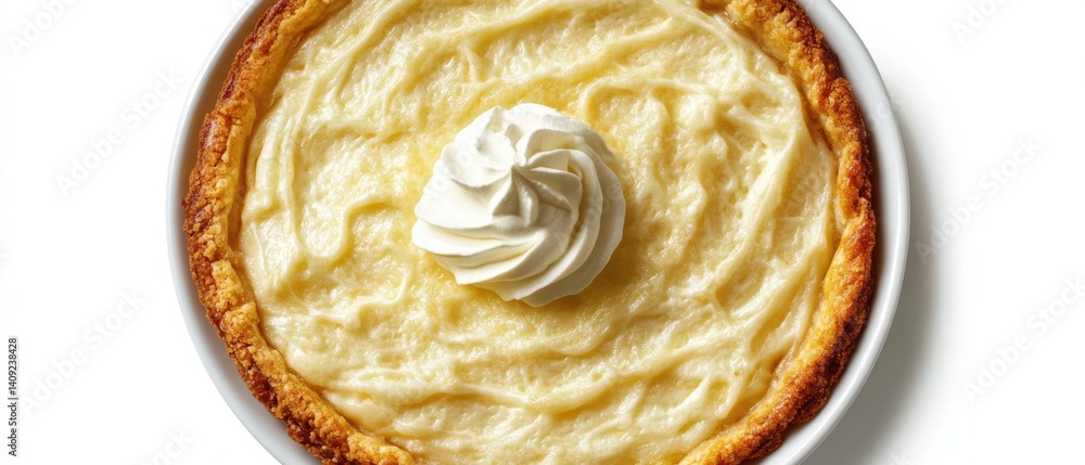Fototapeta premium Delicious homemade lemon pie with whipped cream topping on a white plate in bright natural light