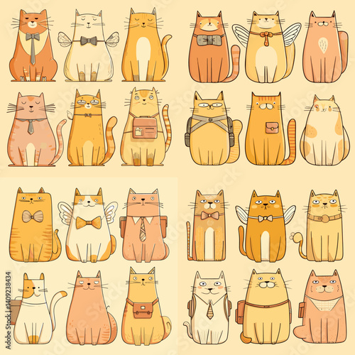 Funny hand-drawn cats dressed in costumes with accessories like ties, wings, and backpacks, perfect for children's designs, stickers, greeting cards, posters, and creative projects.


