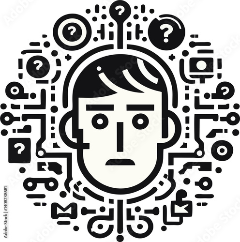 Confused Face with Tech Elements Vector Logo