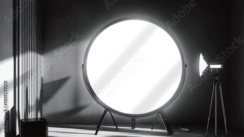 A monochrome image depicting a large circular reflector on a stand, illuminated from the left side, casting strong shadows on the surrounding wall and floor