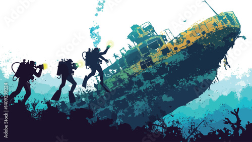 The illustration depicts three scuba divers silhouetted against a vibrant turquoise underwater backdrop, approaching a large, partially submerged shipwreck. The shipwreck is rendered in muted