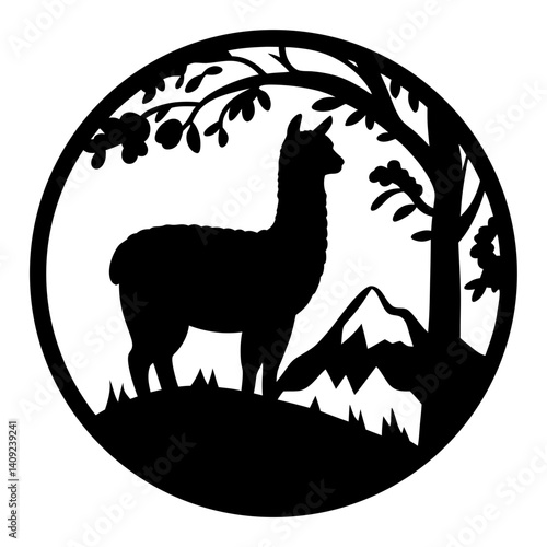 Elegant Black and White Silhouette of an Alpaca in a Mountainous Landscape