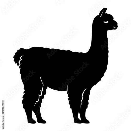 Silhouette of a Llama Standing with Fluffy Wool, Isolated on White Background