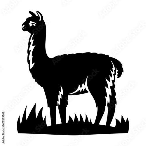 Silhouette of a llama standing in grass, black and white artwork