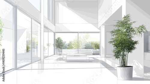 The image showcases a digitally rendered interior scene of a modern home.  The space is dominated by white walls, floors, and large glass windows that allow abundant natural light to flood