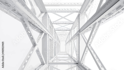 The image is a monochrome photograph depicting the interior structure of a bridge.  The perspective is from within the bridge, looking down a long corridor of repeating structural elements
