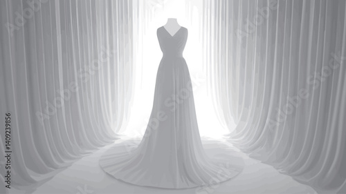 A full-length, eye-level studio shot of a white wedding gown displayed on a mannequin. The dress is a-line in style with a V-neck, and it is made of flowing fabric that pools on the floor