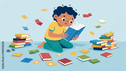 Piles of new picture books are tered across the floor as a child eagerly sifts through them searching for their next adventure.. Vector illustration