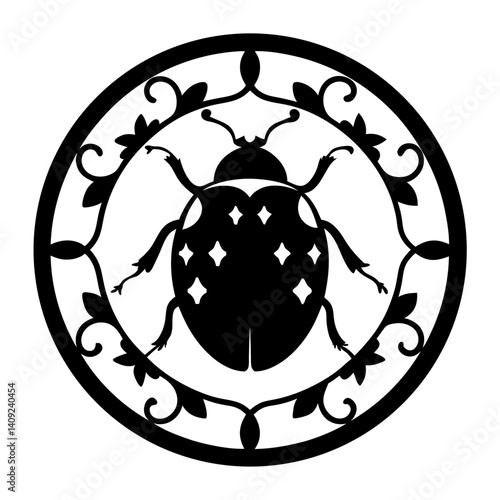 Silhouette of a ladybug with floral embellishments in a circular frame