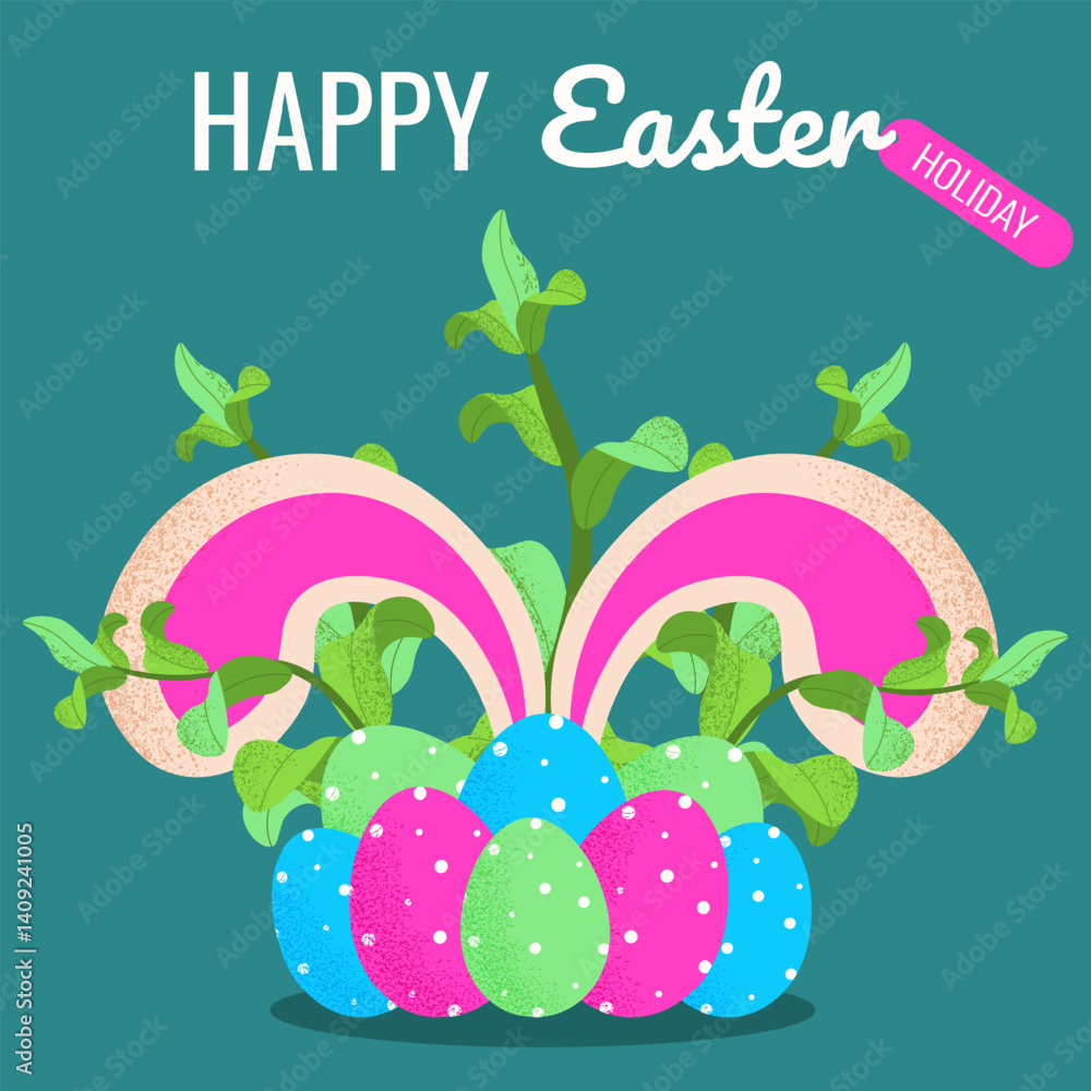 Vibrant color Happy Easter poster with trendy Noise texture. Easter eggs with Easter Bunny ears plants and typography. Juicy color holiday vector illustration for greeting card brochure cover. EPS 10 Vibrant color Happy Easter poster with trendy Noise texture. Easter eggs with Easter Bunny ears plants and typography. Juicy color holiday vector illustration for greeting card brochure cover. EPS 10